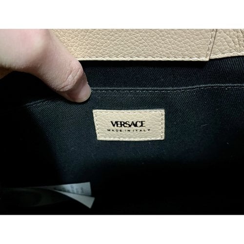 Pre-owned Versace Virtus Leather Handbag In Beige