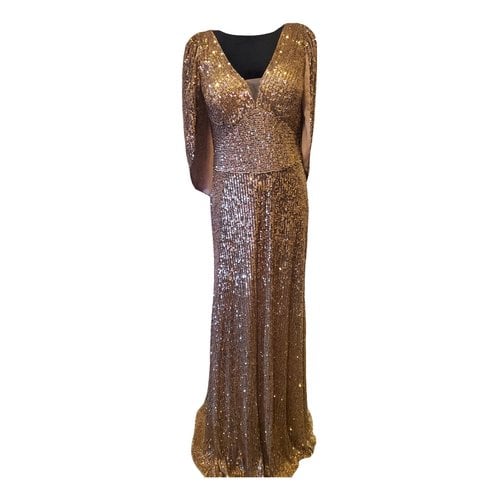 Pre-owned Teri Jon Glitter Maxi Dress In Gold