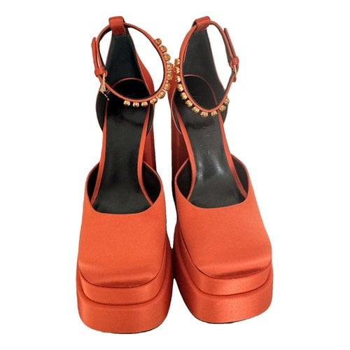 Pre-owned Versace Medusa Aevitas Cloth Heels In Orange