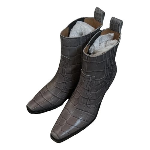 Pre-owned Ganni Leather Cowboy Boots In Grey