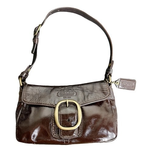 Pre-owned Coach Signature Sufflette Patent Leather Handbag In Brown