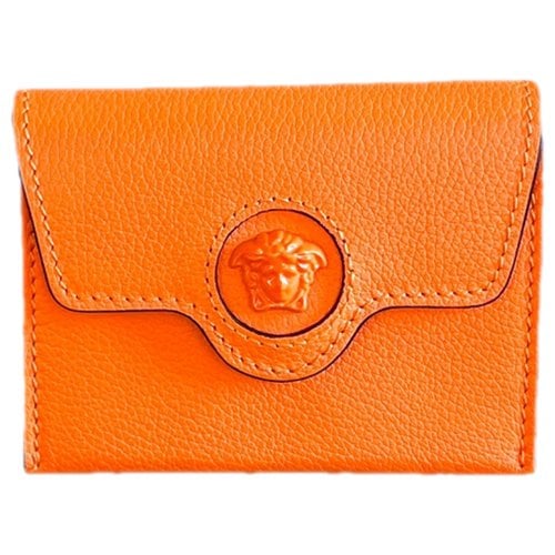 Pre-owned Versace La Medusa Leather Wallet In Orange