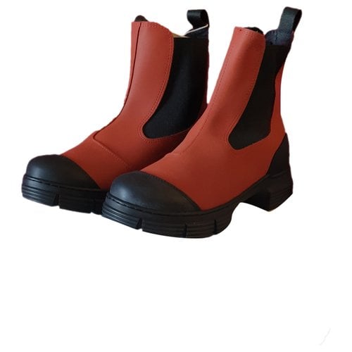 Pre-owned Ganni Vegan Leather Biker Boots In Red