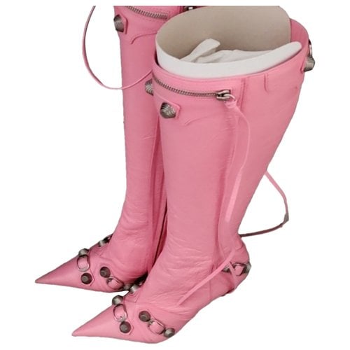 Pre-owned Balenciaga Cagole Leather Boots In Pink