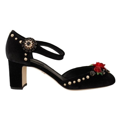 Pre-owned Dolce & Gabbana Mary Jane Velvet Heels In Black