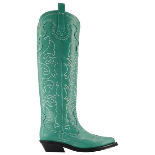 Pre-owned Ganni Leather Ankle Boots In Green