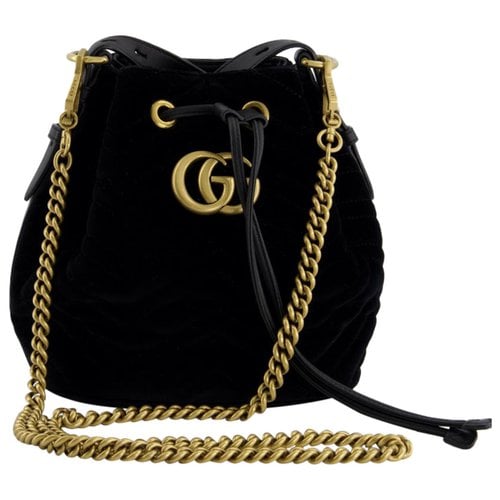 Pre-owned Gucci Gg Marmont Chain Bucket Velvet Crossbody Bag In Black