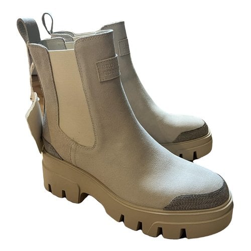 Pre-owned Brunello Cucinelli Leather Ankle Boots In Beige