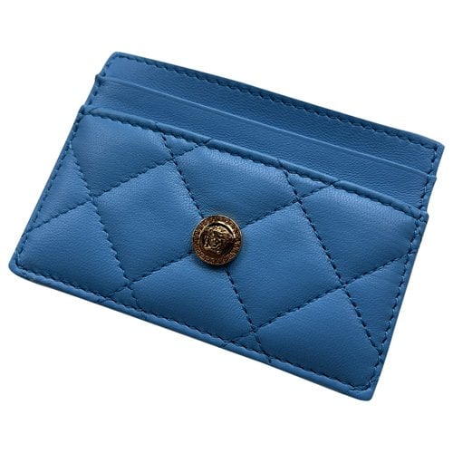 Pre-owned Versace La Medusa Leather Card Wallet In Blue