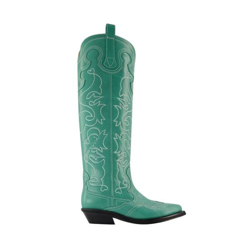 Pre-owned Ganni Leather Ankle Boots In Green