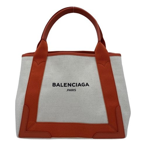 Pre-owned Balenciaga Navy Cabas Linen Handbag In Orange