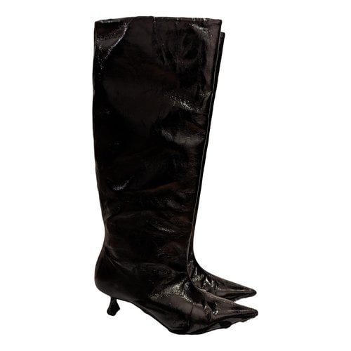 Pre-owned Ganni Vegan Leather Boots In Black
