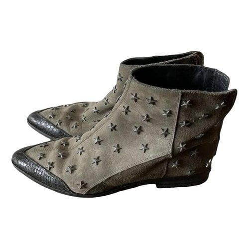 Pre-owned Zadig & Voltaire Zadig Stars Leather Ankle Boots In Khaki