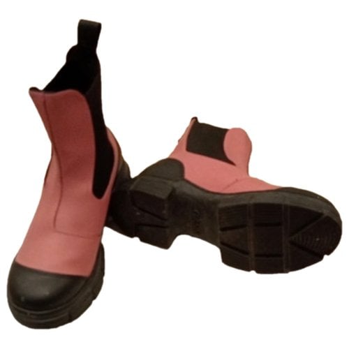 Pre-owned Ganni Leather Ankle Boots In Pink
