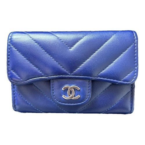 Pre-owned Chanel Leather Card Wallet In Blue