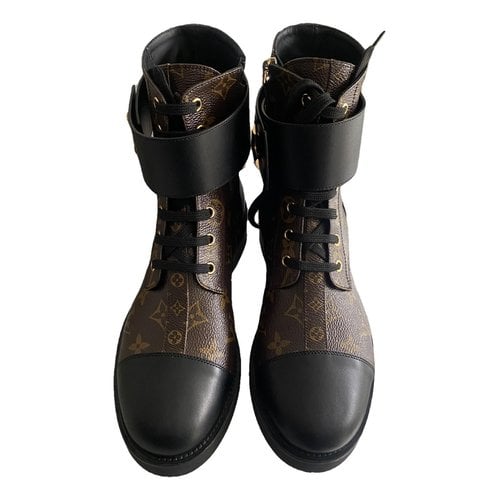 Pre-owned Louis Vuitton Cloth Biker Boots In Brown