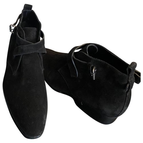Pre-owned Saint Laurent Wyatt Velvet Boots In Black