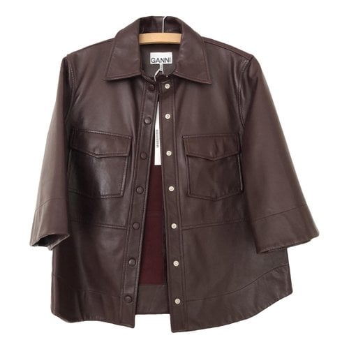 Pre-owned Ganni Leather Jacket In Burgundy