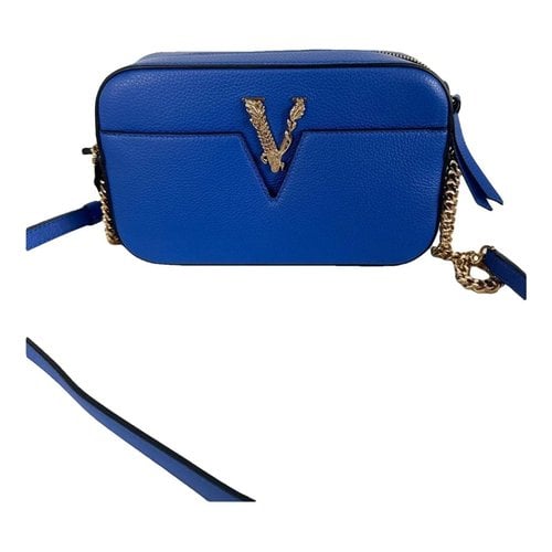 Pre-owned Versace Virtus Leather Handbag In Blue