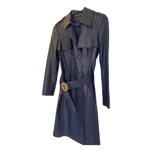 Pre-owned Versace Leather Coat In Blue