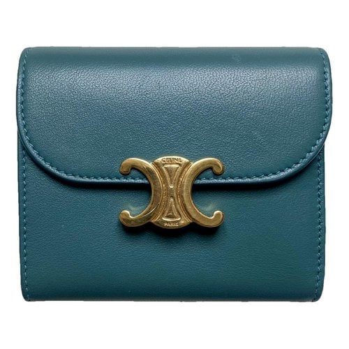 Pre-owned Celine Triomphe Leather Wallet In Green