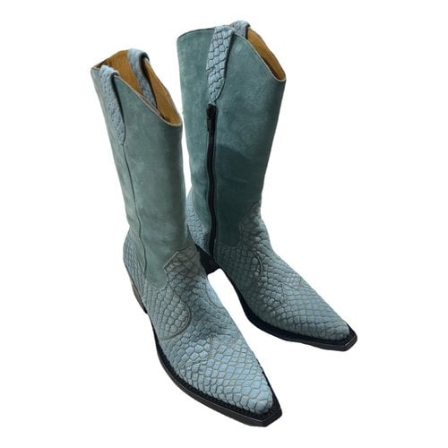 Pre-owned Gianni Barbato Pony-style Calfskin Cowboy Boots In Turquoise