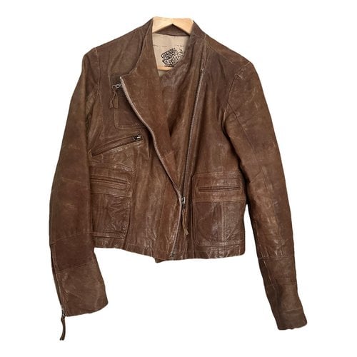 Pre-owned Ikks Leather Biker Jacket In Brown