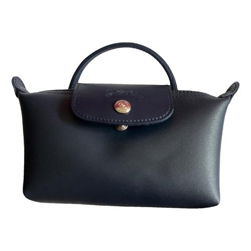 Pre-owned Longchamp Pliage Leather Clutch Bag In Navy