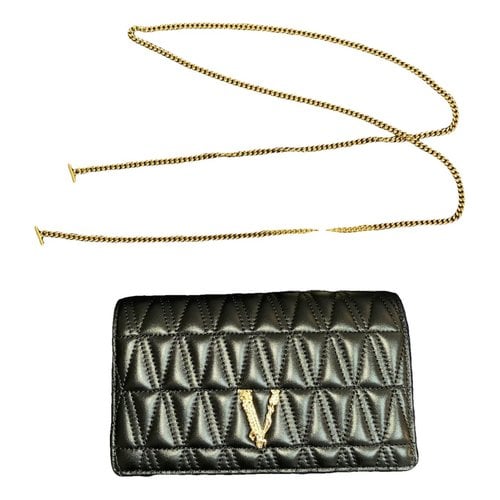 Pre-owned Versace Virtus Leather Handbag In Black