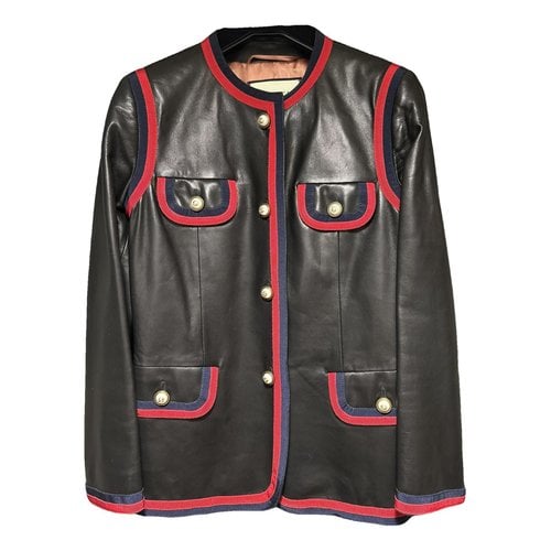 Pre-owned Gucci Leather Short Vest In Black