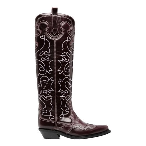 Pre-owned Ganni Leather Ankle Boots In Burgundy