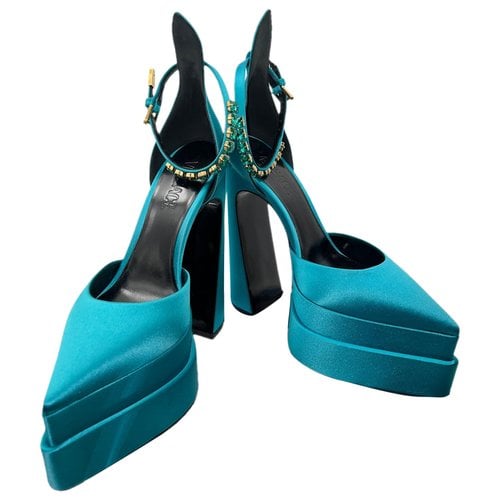 Pre-owned Versace Medusa Aevitas Cloth Heels In Blue