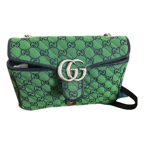 Pre-owned Gucci Gg Marmont Chain Flap Cloth Crossbody Bag In Green