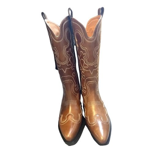 Pre-owned Ganni Leather Cowboy Boots In Brown