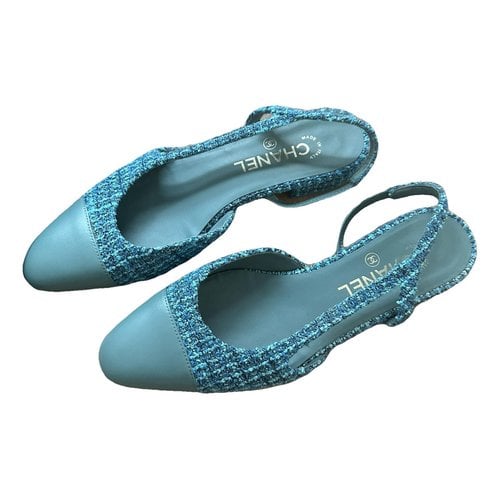 Pre-owned Chanel Slingback Tweed Ballet Flats In Blue