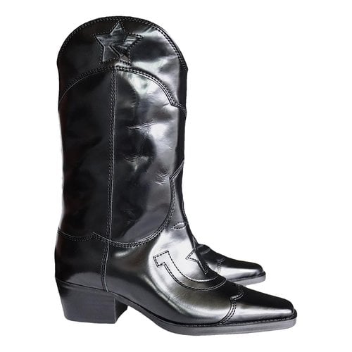 Pre-owned Ganni Leather Cowboy Boots In Black