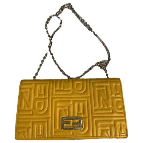 Pre-owned Fendi Baguette Chain Midi Leather Crossbody Bag In Yellow