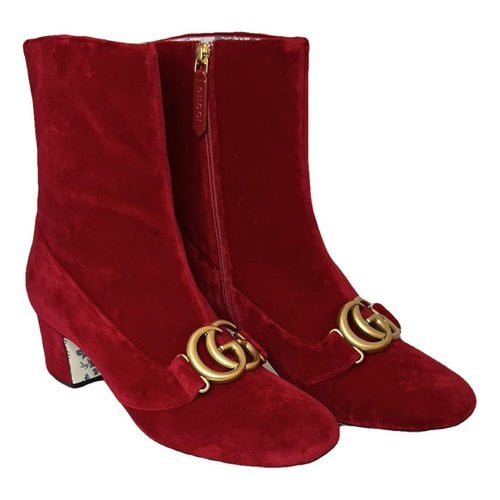 Pre-owned Gucci Marmont Velvet Ankle Boots In Red