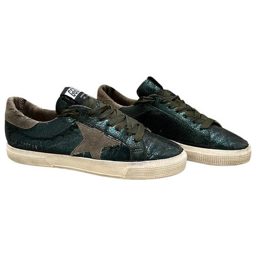 Pre-owned Golden Goose May Leather Trainers In Green