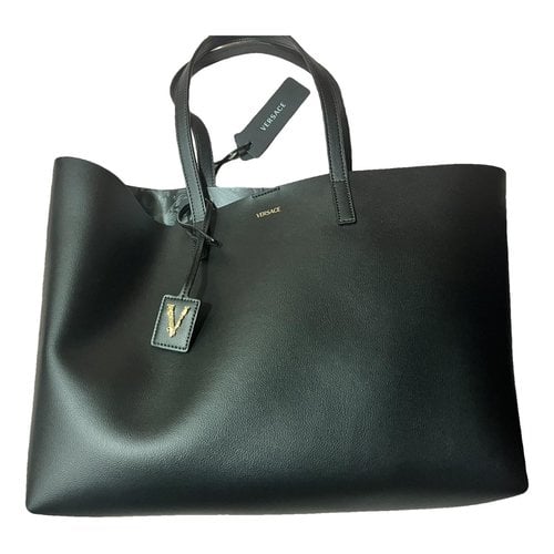 Pre-owned Versace Virtus Leather Tote In Black