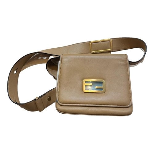 Pre-owned Fendi Flat Baguette Leather Mini Bag In Camel
