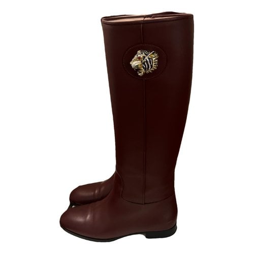 Pre-owned Gucci Leather Riding Boots In Burgundy