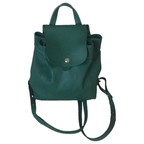 Pre-owned Longchamp Pliage Leather Backpack In Green