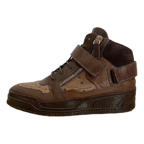 Pre-owned Versace Ostrich High Trainers In Brown