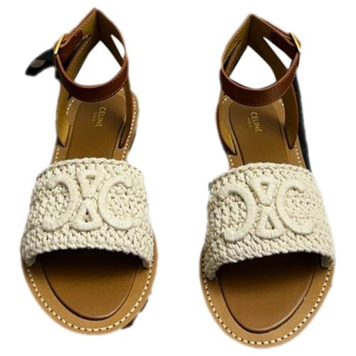 Pre-owned Celine Triomphe Pony-style Calfskin Mules In Beige