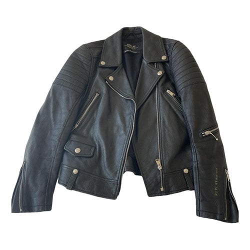 Pre-owned Replay Leather Biker Jacket In Black