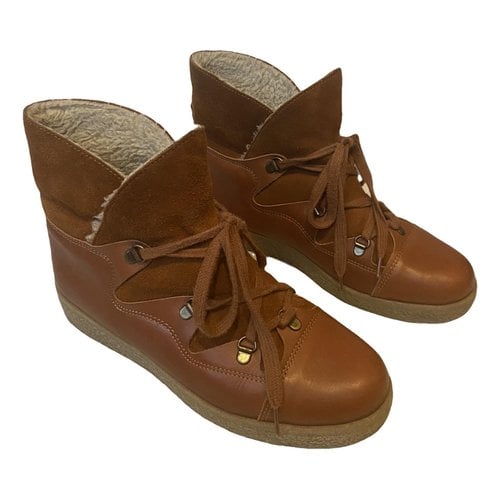 Pre-owned Ganni Leather Ankle Boots In Camel