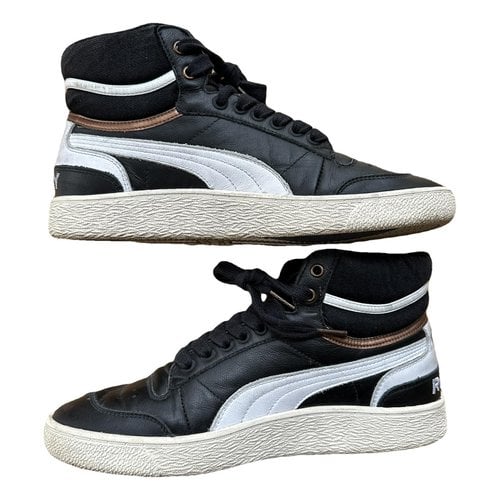 Pre-owned Replay Leather High Trainers In Black