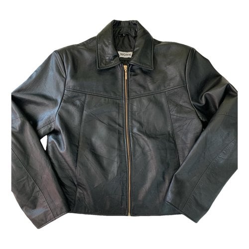 Pre-owned Worn Leather Biker Jacket In Black