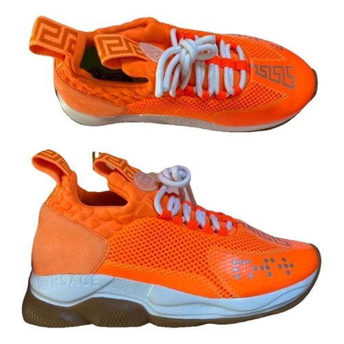 Pre-owned Versace Chain Reaction Leather Trainers In Orange